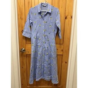 Idillio Positano Women's Blue Linen Maxi Dress with Embroidered Lemon Print Sz M